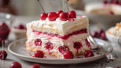 Exquisite slice of meringue cake crowned with creamy cherry yogurt topping presenting a delightful blend of airy meringue photo