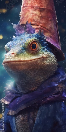 Fantastical Lizard in Vibrant Attire, Surrounded by Celestial Beauty