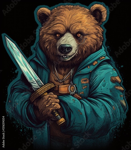 Fantastical Bear Holding Weapon in Vibrant Realistic Environment with Teal Accents