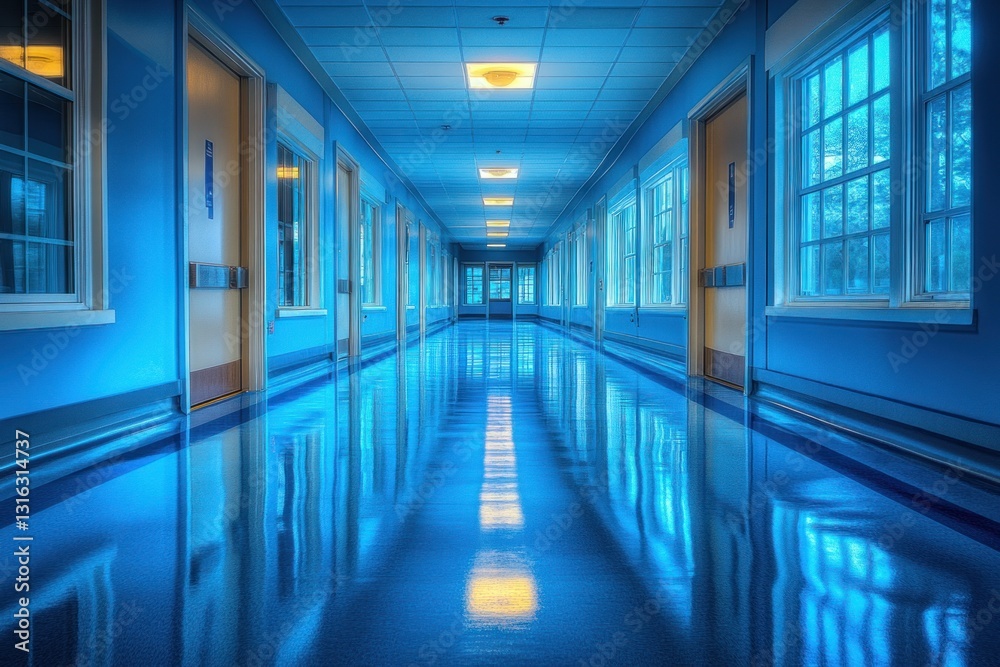 Fototapeta premium Long, reflective hospital corridor with doors and windows.