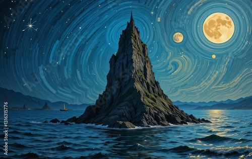 A rock formation sticking out of the ocean at nighttime, with stars and the moon in the background