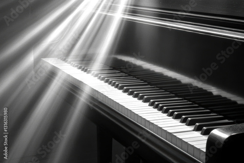 Piano keys in a room, with a window and sunlight, black and white in a melody moment