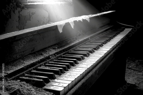 Piano keys in a room, with a window and sunlight, black and white in a melody moment