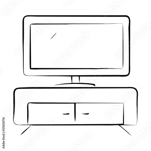 Minimalist black and white sketch of a TV on a stand