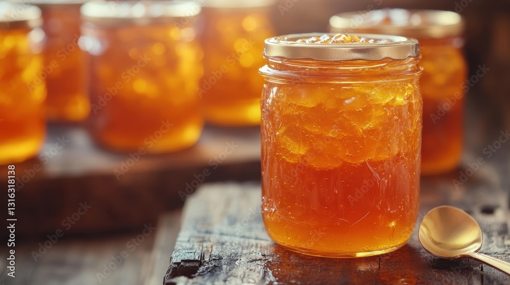 A symphony of amber hues, mason jars brimming with vibrant marmalade, their contents glistening like miniature treasures. A single spoon, a golden sentinel, rests beside them, its presence a subtle A symphony of amber hues, mason jars brimming with vibrant marmalade, their contents glistening like miniature treasures. A single spoon, a golden sentinel, rests beside them, its presence a subtle