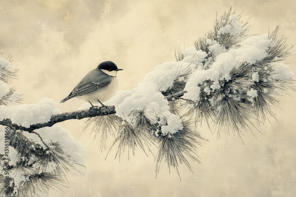 Obraz premium A lone bird sheltering under a snow-laden pine branch.