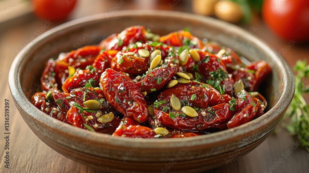 A sun-kissed bowl of culinary delights: vibrant whole sun-dried tomatoes nestled in a pool of fragrant oil, adorned with crunchy pumpkin seeds and fresh herbs, a symphony of flavors and textures. A sun-kissed bowl of culinary delights: vibrant whole sun-dried tomatoes nestled in a pool of fragrant oil, adorned with crunchy pumpkin seeds and fresh herbs, a symphony of flavors and textures.