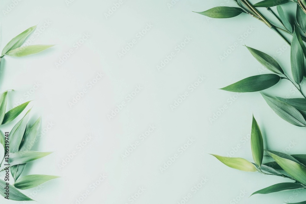 Minimalist Bamboo Leaves Frame on Light Green Background - Natural Spa & Wellness Concept Minimalist Bamboo Leaves Frame on Light Green Background - Natural Spa & Wellness Concept