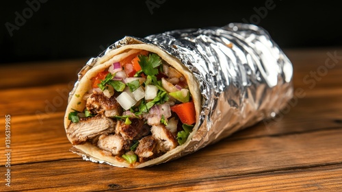 Delicious chicken burrito filled with fresh vegetables in aluminum foil wrap on a wooden table photo