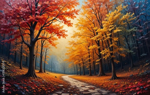A textured painting of autumn leaves in vibrant colors against a dynamic background
