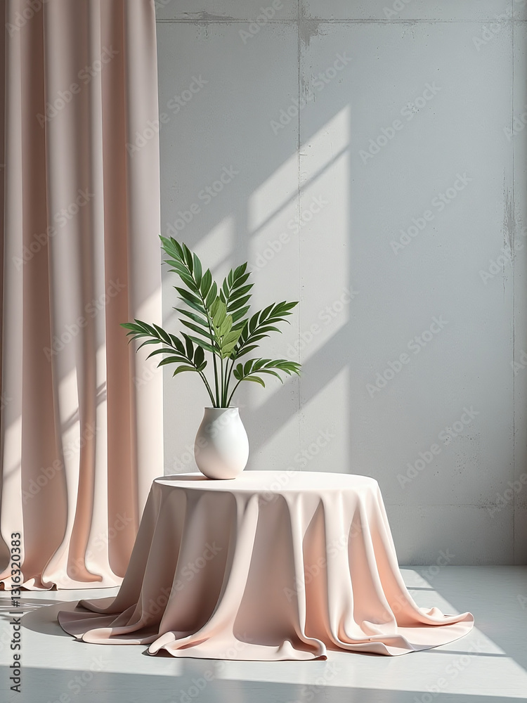 Fototapeta premium Fabric Draped Podium With Plant In Vase Sits Against A Concrete Backdrop In This 3d Rendered Interior Advertisement Image.