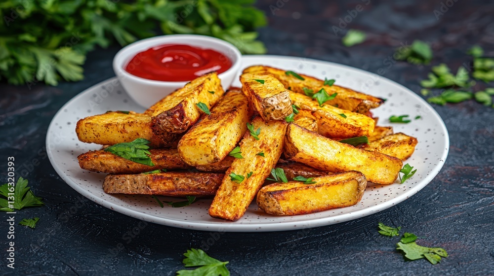 Golden and Crispy Potato Wedges with Aromatic Herbs and Tangy Ketchup Dip on Dark Background Golden and Crispy Potato Wedges with Aromatic Herbs and Tangy Ketchup Dip on Dark Background
