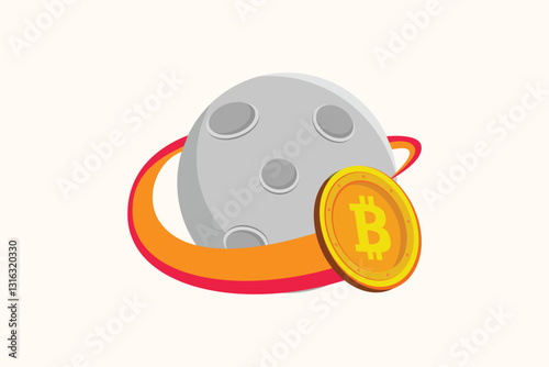 Bitcoin goes around the moon. Crypto bitcoin digital money concept. Flat design vector illustration isolated. Minimalist flat design
