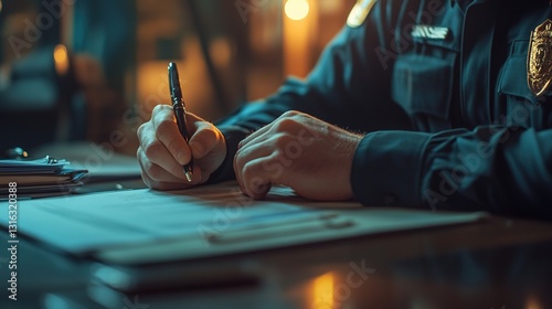  A police officer is writing on paper with a pen, in a cinematic scene
