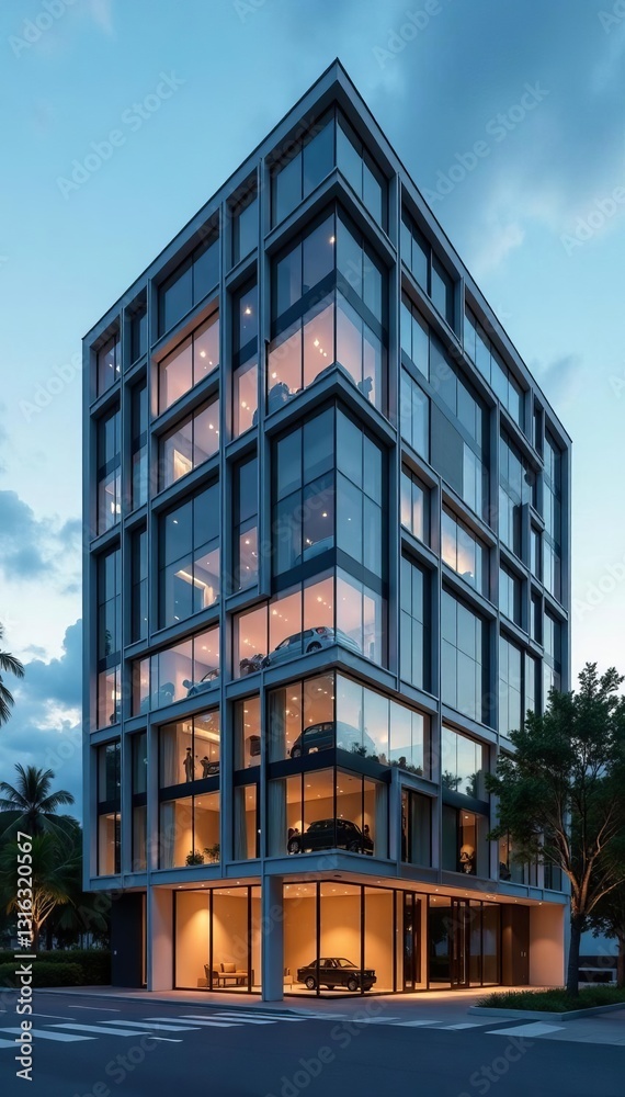 Obraz premium A sleek and contemporary low rise office building with large windows and geometric design, building, low rise, architecture
