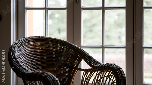 A close-up shot of a wicker chair positioned in front of a window
