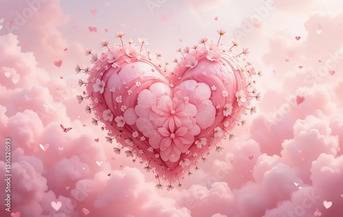 A heart made out of pink flowers with white flowers adorning it, set against a dreamy background of pastel colors and clouds