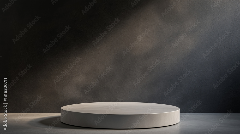 Minimalist Gray Pedestal with Dramatic Lighting on Dark Background Minimalist Gray Pedestal with Dramatic Lighting on Dark Background