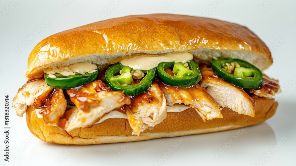Delicious Chicken Sandwich with Spicy Jalapeños and Creamy Sauce on a Fresh Bun Perfect for Lunch