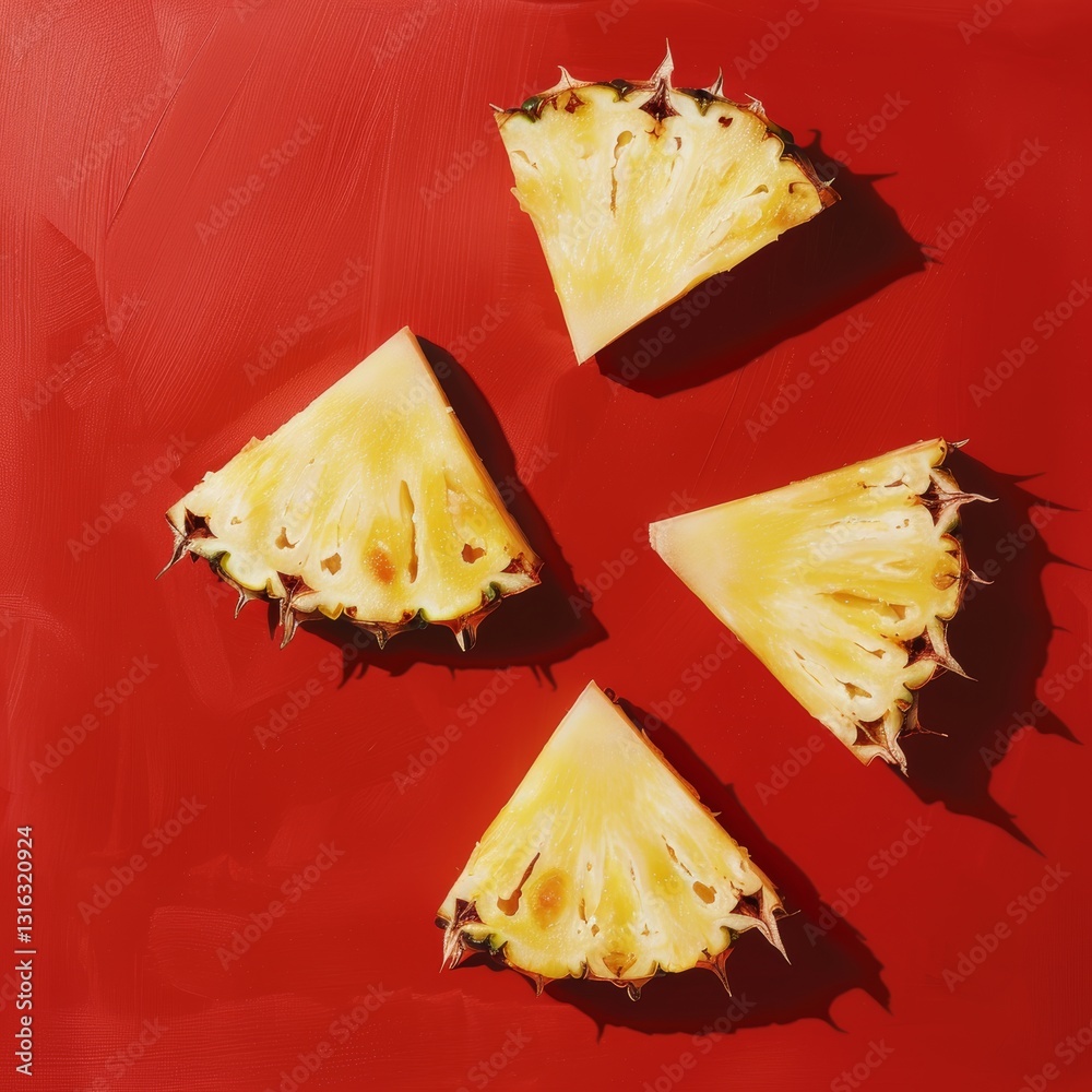 Fresh Pineapple Slices on a Plain Red Background Ready to be Eaten from an Aerial View Fresh Pineapple Slices on a Plain Red Background Ready to be Eaten from an Aerial View