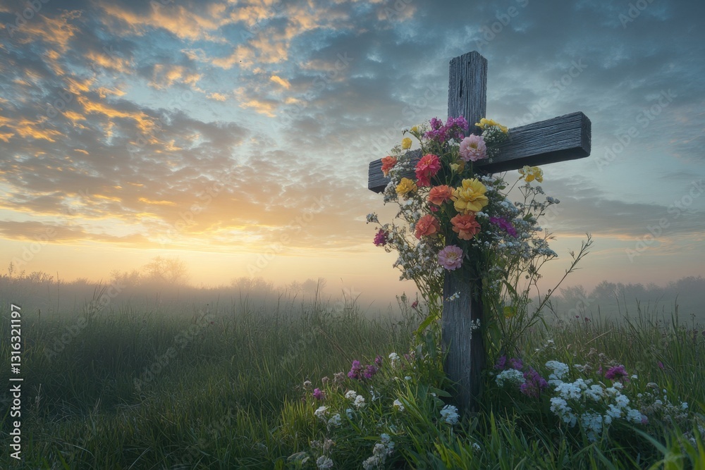 Floral cross in a field at sunrise, evoking peace and remembrance. Sky with scattered clouds adds to the serene atmosphere. Floral cross in a field at sunrise, evoking peace and remembrance. Sky with scattered clouds adds to the serene atmosphere.