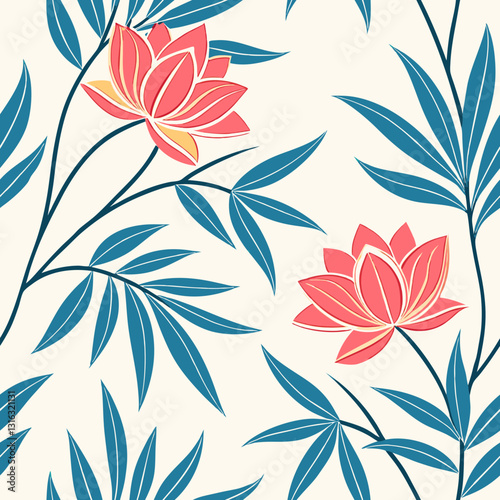 Delicate illustration of a lotus flower with leaves on a white background, fabric painting concept
