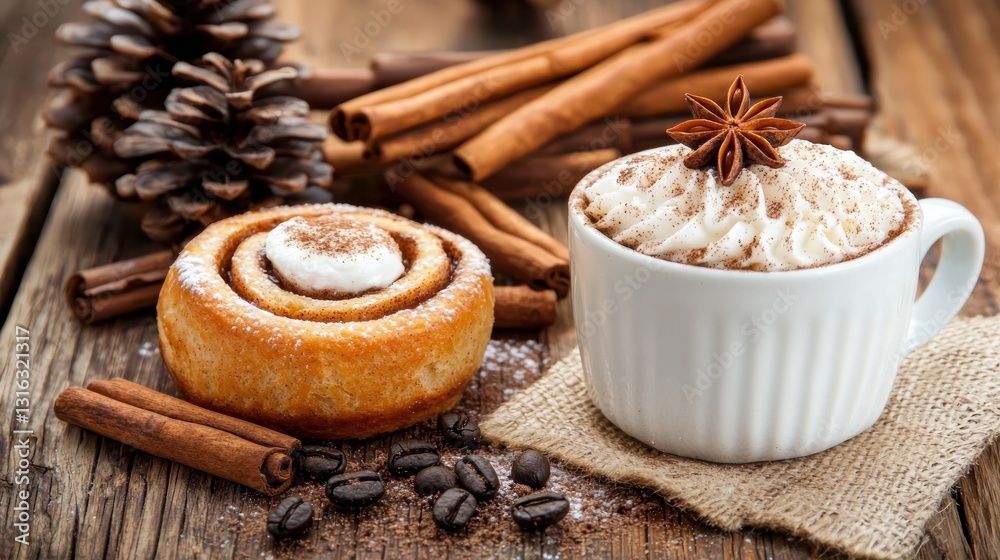 Warmth in a Cup Cinnamon Roll Delight on Rustic Wooden Table Anise Star Creamy Coffee Rustic Still Life Warmth in a Cup Cinnamon Roll Delight on Rustic Wooden Table Anise Star Creamy Coffee Rustic Still Life
