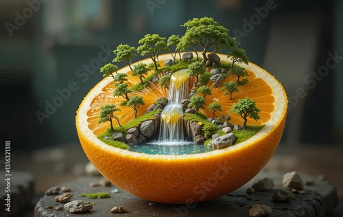 A digital artwork featuring a halved orange with a miniature landscape inside, surrounded by trees and rocks with a waterfall of orange juice flowing down