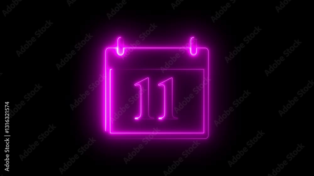 Neon calendar animation of the 11 day of the month on a black background. Date 11 animation with calender. Pink color Calendar with date animation. Time and date management schedule icon.