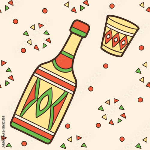 Tequila bottle and shot glass illustration with festive background, Cinco de Mayo concept