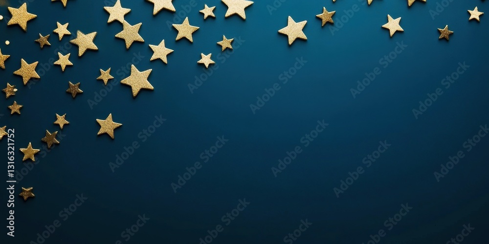 Golden Star Confetti on Deep Blue Background, Festive Celebration Template with Copy Space. Golden Star Confetti on Deep Blue Background, Festive Celebration Template with Copy Space.