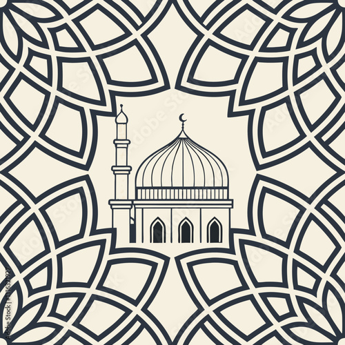 Islamic geometric pattern illustration with mosque, artistic design concept