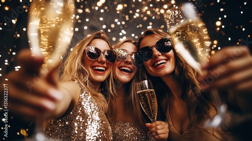 Photo of friends at an elegant party, celebrating the New Year with champagne glasses and glitzy accessories.