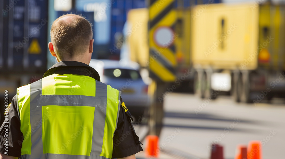 Close-Up of Customs Officer Conducting Rigorous Goods Inspection at Border Checkpoint with Hazy Shipping Containers Evoking Global Commerce and Tariff Enforcement Close-Up of Customs Officer Conducting Rigorous Goods Inspection at Border Checkpoint with Hazy Shipping Containers Evoking Global Commerce and Tariff Enforcement