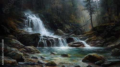 Serene Waterfall in a Dark Forest