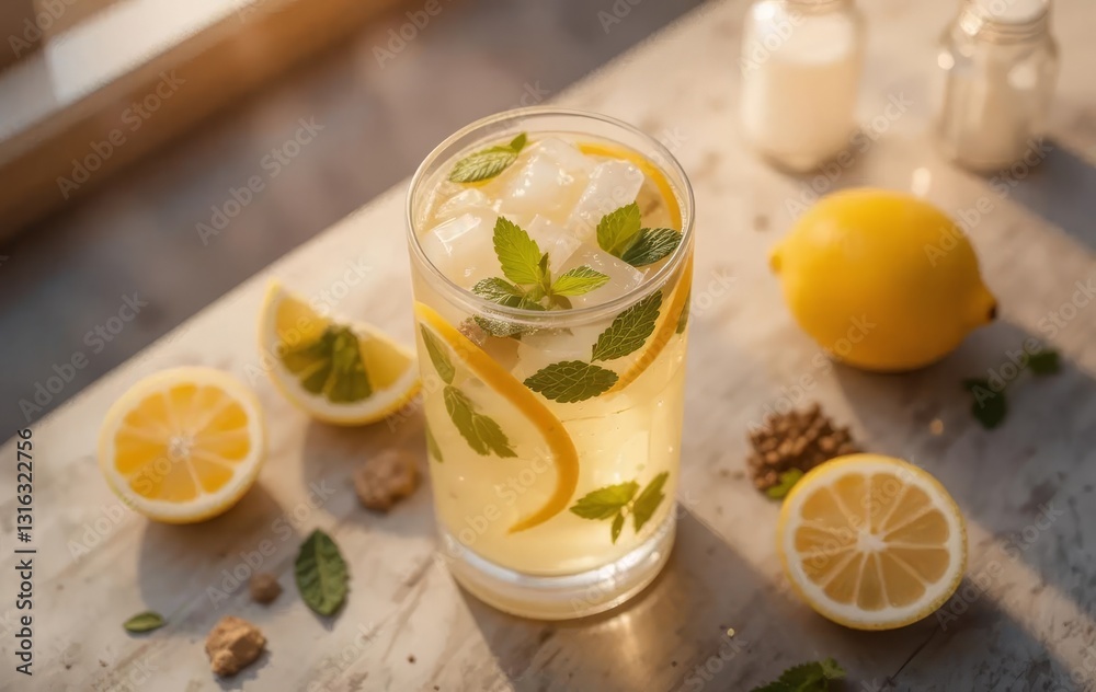 Fototapeta premium A glass pitcher filled with lemonade and garnished with ginger, mint, and lemon slices. The photo is taken from a high angle with warm golden light shining down.