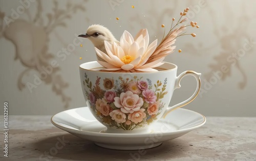 An animated sequence showing a teacup transforming into a blooming flower, then a bird flying away.