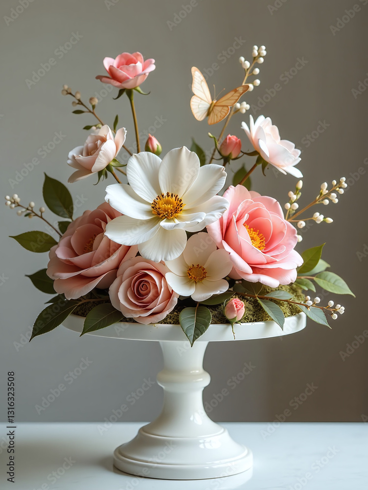 Obraz premium Elegant Pedestal Supports Delicate Flowers And Butterflies In A Beautiful Display Of Seasonal Beauty And Elegance.