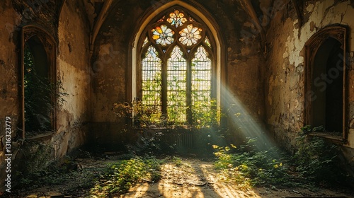 An old abandoned room with stained glass and sunlight beaming through