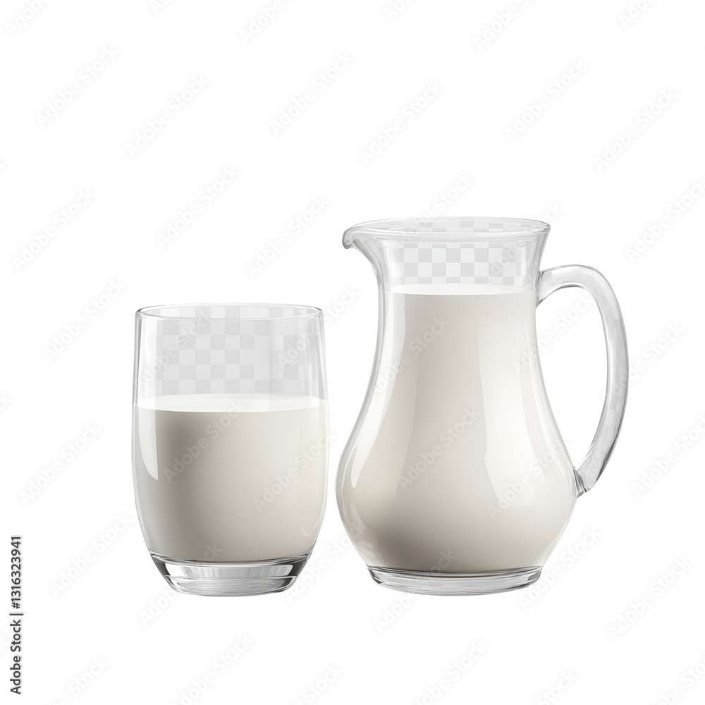 Milk in a glass and jug, isolated on a transparent background Milk in a glass and jug, isolated on a transparent background