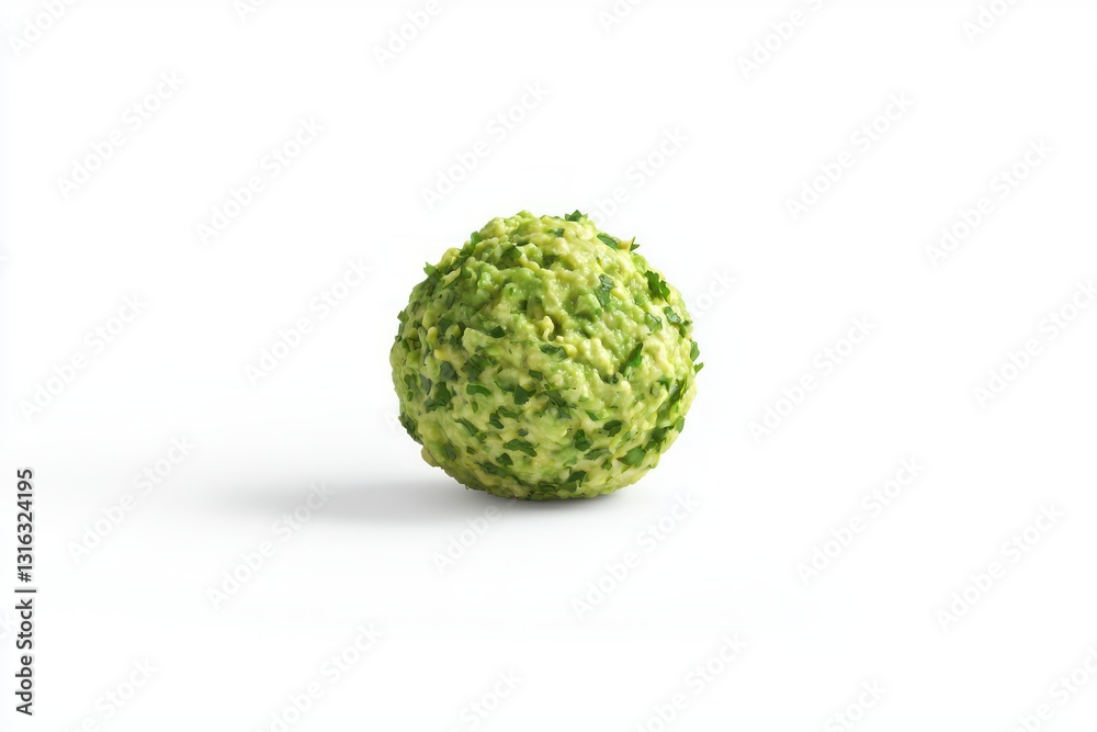 Obraz premium Close up appetizing guacamole ball with fresh cilantro garnish isolated against clean white backdrop