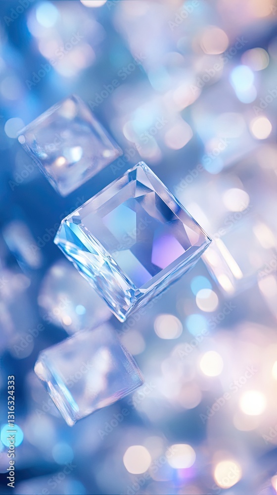 Crystal clear cube with sparkle, crystal clear cube reflecting bokeh, crystal clear cube for luxury design Crystal clear cube with sparkle, crystal clear cube reflecting bokeh, crystal clear cube for luxury design