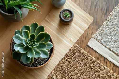 Wallpaper Mural A Zen-inspired home setup with a green succulent on a wooden meditation mat, creating a peaceful ambiance Torontodigital.ca