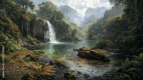 Serene Waterfall in Lush Forest Landscape