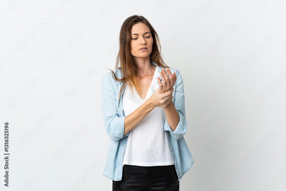 Young Ireland woman isolated on white background suffering from pain in hands Young Ireland woman isolated on white background suffering from pain in hands