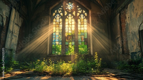 Sunlight streams through a stained glass window in an old building