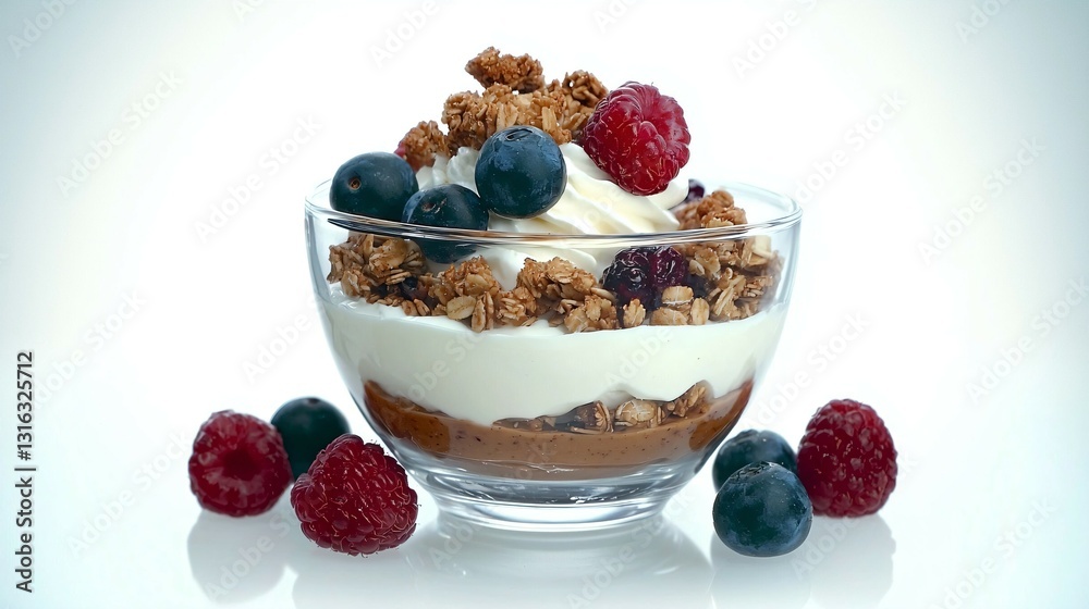 A bowl of yogurt topped with granola and fresh berries, symbolizing a healthy and balanced breakfast. A bowl of yogurt topped with granola and fresh berries, symbolizing a healthy and balanced breakfast.