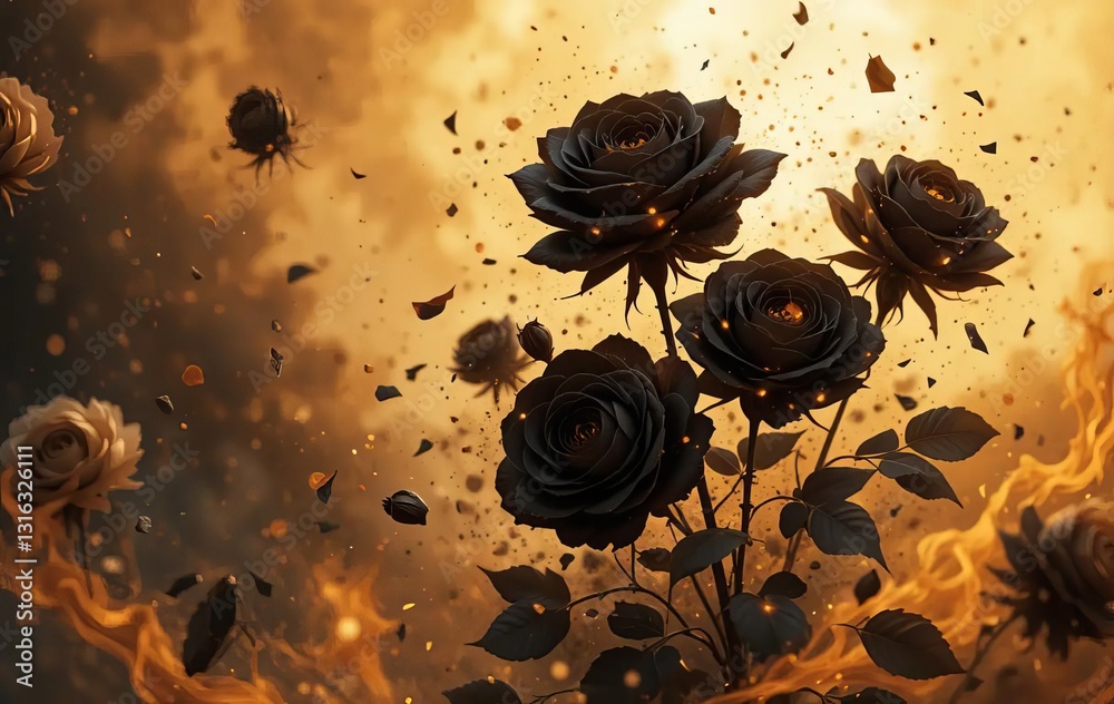 A digital painting of black roses with sparks of fire and honey-colored petals scattered around them