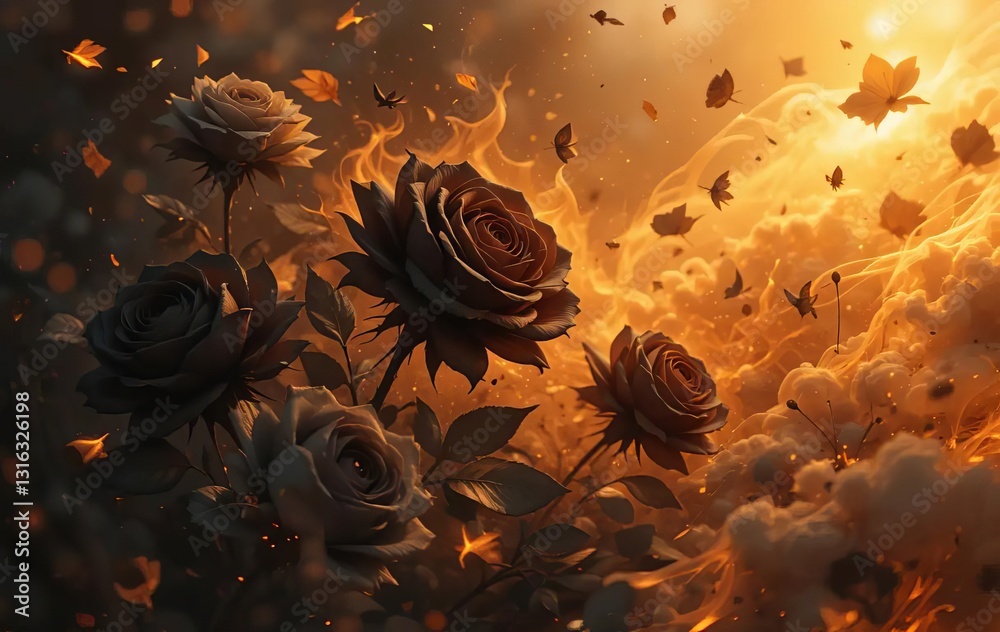A digital painting of black roses with sparks of fire and honey-colored petals scattered around them