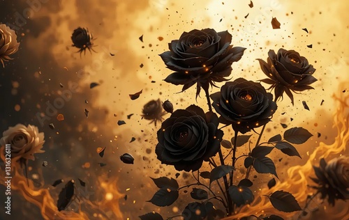 Obraz na płótnie A digital painting of black roses with sparks of fire and honey-colored petals scattered around them w salonie